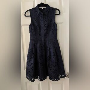 Rachel Roy Navy Blue floral Laser cut Sleeveless collar dress cocktails party 2